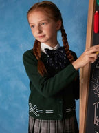 Everanne girls cotton cardigan sweater with round collar and waist detail in green, featuring a bow design and comfortable fit.