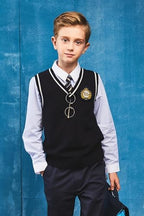 Everanne boys cotton V-neck sweater vest with blue and white stripes, featuring a striped collar, perfect for school uniforms.