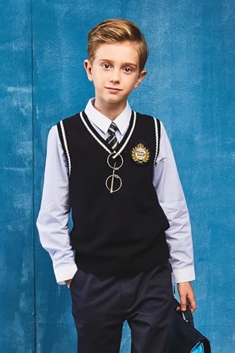Everanne boys cotton V-neck sweater vest with blue and white stripes, featuring a striped collar, perfect for school uniforms.