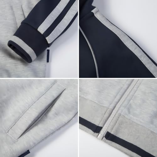 Everanne youth sports zip-up jacket with stand collar in navy and light gray colorblock stripes, designed for active wear.