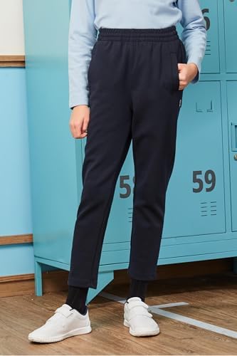 Everanne blue jogger sweatpants with tapered fit, elastic waistband, cotton nylon fabric, and cuffed hems.