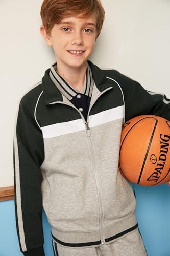 Everanne youth sports zip-up jacket with stand collar, colorblock stripes in dark green and light gray, suitable for active wear.