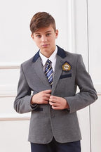 Everanne boys' grey fabric blazer with flat suit collar, durable stitching, rear vent, and smooth lining, designed for stylish tops.