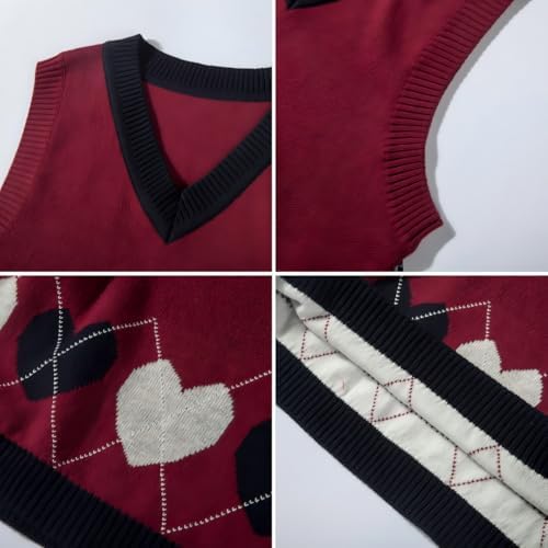 Everanne toddler girl red knit sleeveless sweater vest with heart design, V-neck, soft cotton for school outfit and casual wear.