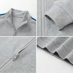 Everanne youth sports zip-up jacket with stand collar and contrast stripe in grey, lightweight jacket for active wear.