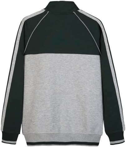 Everanne youth sports zip-up jacket with stand collar featuring dark green and light gray colorblock stripes, ideal for active wear.