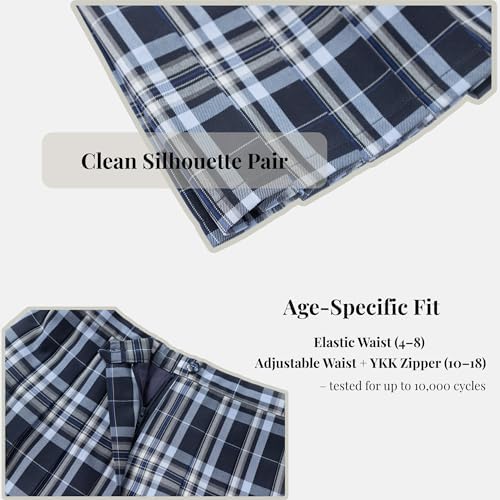 Everanne girls pleated school skirt with elastic and zipper waist, cotton lining, suitable for school uniforms and casual wear.