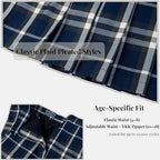 Everanne girls' navy and white woven checkered pleated skirt with dual YKK zipper front detail.