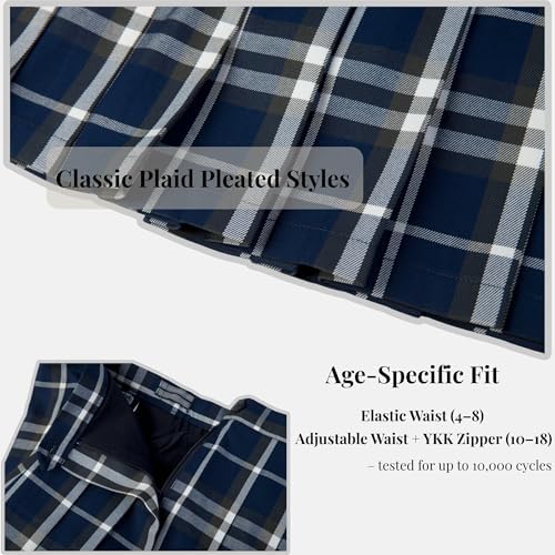 Everanne girls' navy and white woven checkered pleated skirt with dual YKK zipper front detail.