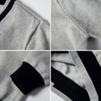 Everanne unisex V neck pullover sweater with stripe trim, cotton windproof cuffs, and a cozy, stylish design.