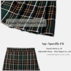 Everanne girls' woven checkered pleated skirt in dark green and yellow with dual YKK zippers and waistband detail