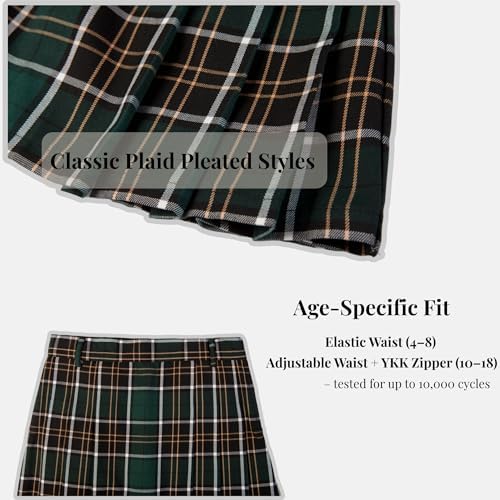 Everanne girls' woven checkered pleated skirt in dark green and yellow with dual YKK zippers and waistband detail