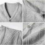 Everanne 100% cotton V-neck school uniform diamond knit cardigan sweater, shown in a natural beige color with ribbed cuffs and hem.