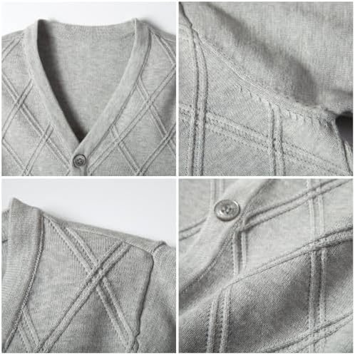 Everanne 100% cotton V-neck school uniform diamond knit cardigan sweater, shown in a natural beige color with ribbed cuffs and hem.