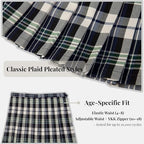 Everanne girls' woven checkered pleated skirt with dual waist YKK zipper in navy and off-white colors.