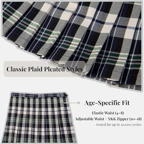 Everanne girls' woven checkered pleated skirt with dual waist YKK zipper in navy and off-white colors.