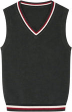 Everanne boys cotton v-neck sweater vest with striped collar, perfect for school uniforms, featuring classic design and comfortable fit.