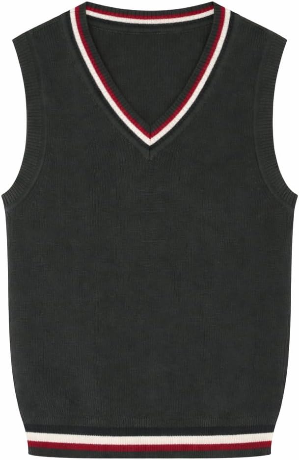 Everanne boys cotton v-neck sweater vest with striped collar, perfect for school uniforms, featuring classic design and comfortable fit.