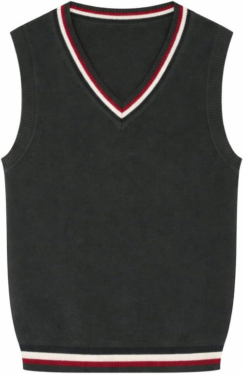 Everanne boys cotton v-neck sweater vest with striped collar, perfect for school uniforms, featuring classic design and comfortable fit.