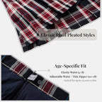 Everanne girls woven checkered pleated skirt with dual waist YKK zipper in navy, red, and white, featuring a stylish design.