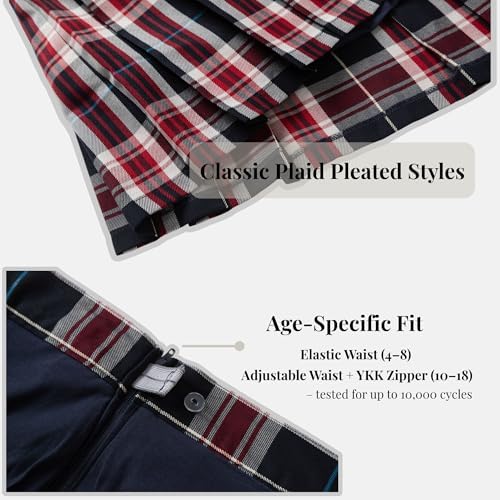 Everanne girls woven checkered pleated skirt with dual waist YKK zipper in navy, red, and white, featuring a stylish design.