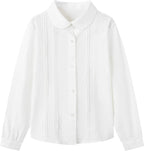 Everanne girls' lace trim long sleeve blouse with club collar, plum buttons, and stylish design, perfect for casual or formal wear.