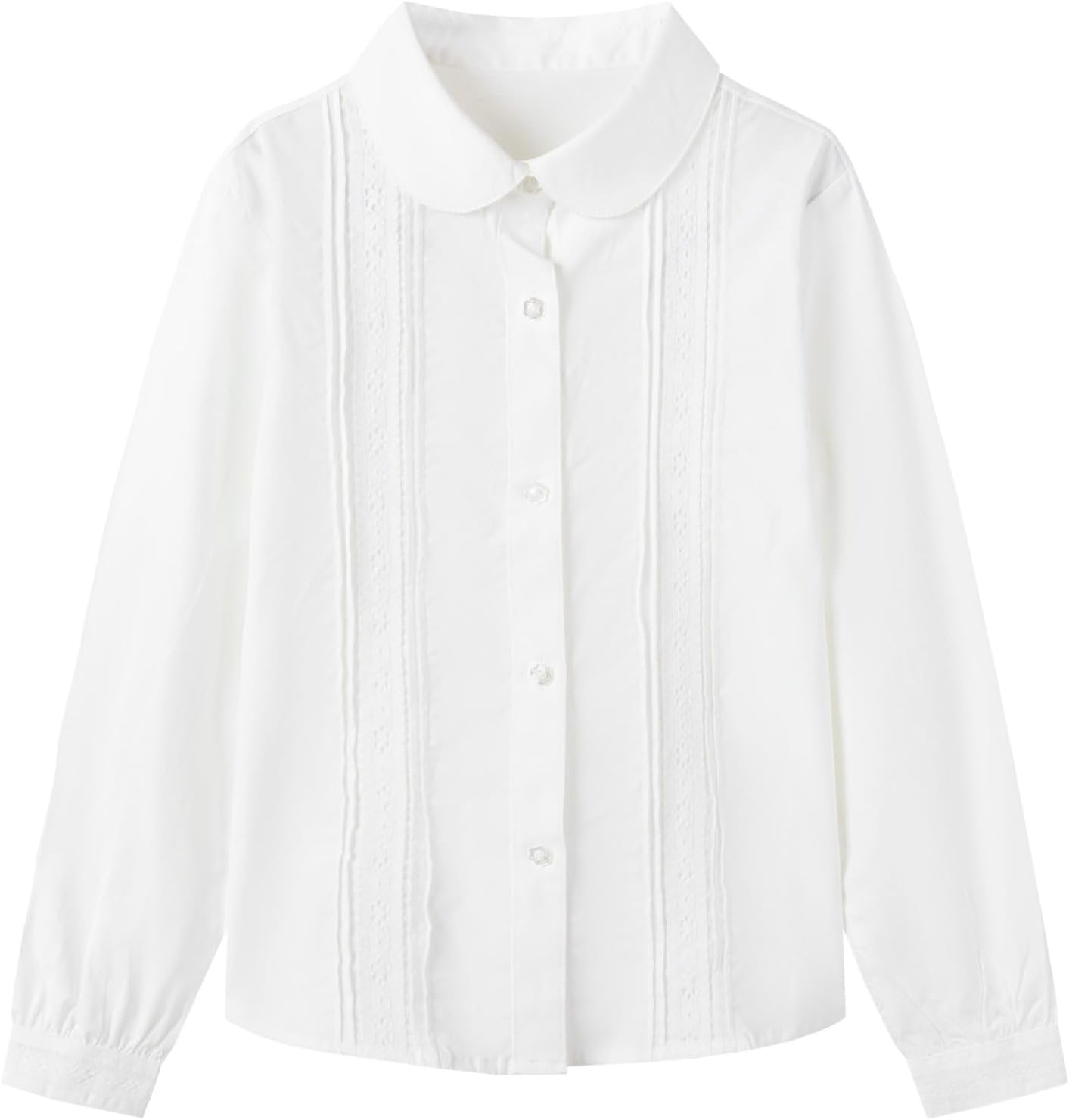 Everanne girls' lace trim long sleeve blouse with club collar, plum buttons, and stylish design, perfect for casual or formal wear.
