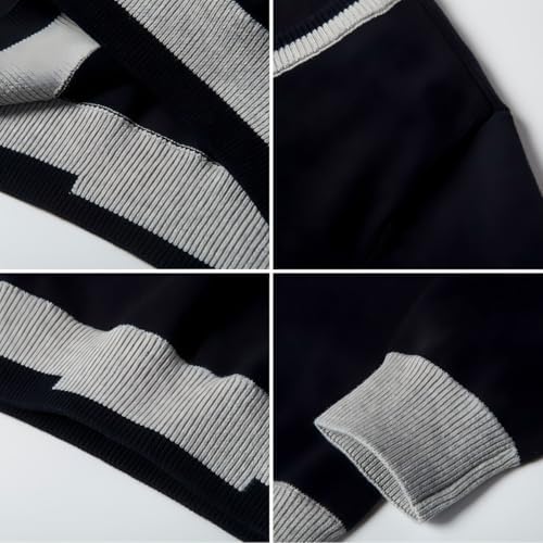 Everanne unisex black V-neck pullover sweater with stripe trim, cotton material, and windproof cuffs.