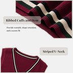 Everanne boys' cotton V-neck sweater vest with striped collar in red, ideal for school uniforms and casual tops.