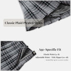 Everanne girls' gray woven checkered pleated skirt with dual waist YKK zipper, suitable for casual and school wear.