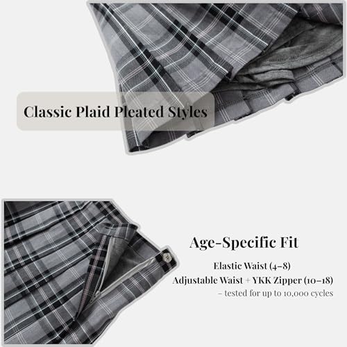 Everanne girls' gray woven checkered pleated skirt with dual waist YKK zipper, suitable for casual and school wear.