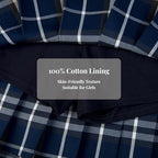 Everanne girls' navy and white woven checkered pleated skirt with dual YKK zippers, featuring a stylish waistband and classic design.