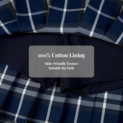 Everanne girls' navy and white woven checkered pleated skirt with dual YKK zippers, featuring a stylish waistband and classic design.