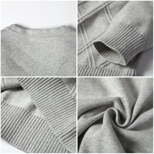 Everanne 100% cotton V-neck school uniform diamond knit cardigan sweater shown in a natural light image.