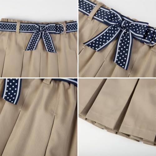 Everanne girls beige mini skirt with bow tie belt, lightweight twill fabric, perfect for school or casual wear.