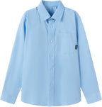 Everanne boys' cotton blend long sleeve shirt with square collar and patch pocket in blue, stylish and comfortable boys' tops.