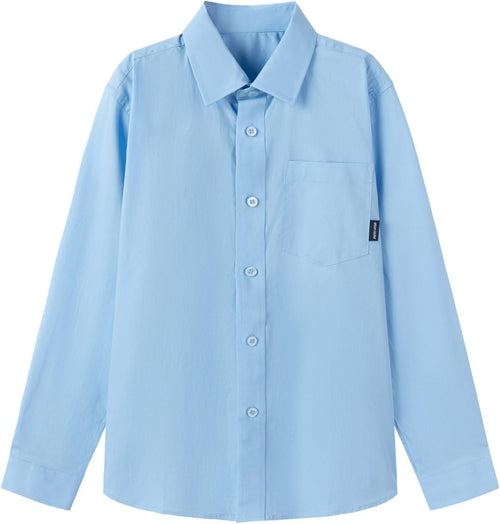 Everanne boys' cotton blend long sleeve shirt with square collar and patch pocket in blue, stylish and comfortable boys' tops.