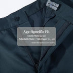 Everanne boys cotton pants with zipper front, structured seams, slant pockets, and adjustable cuffs.