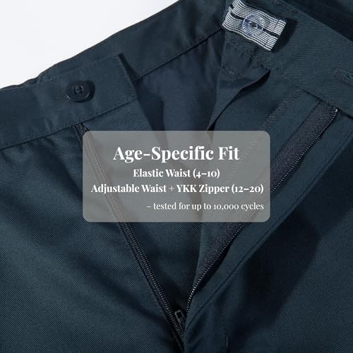 Everanne boys cotton pants with zipper front, structured seams, slant pockets, and adjustable cuffs.