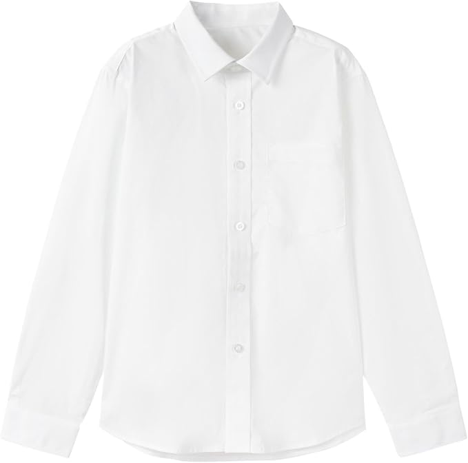 Everanne boys cotton blend long sleeve shirt with square collar and patch pocket in white, stylish and comfortable boys' top.