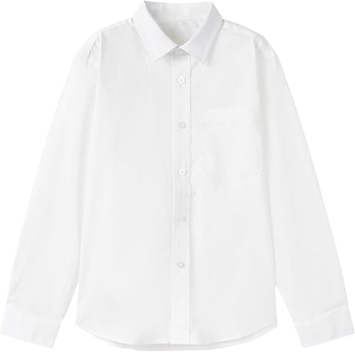 Everanne boys cotton blend long sleeve shirt with square collar and patch pocket in white, stylish and comfortable boys' top.