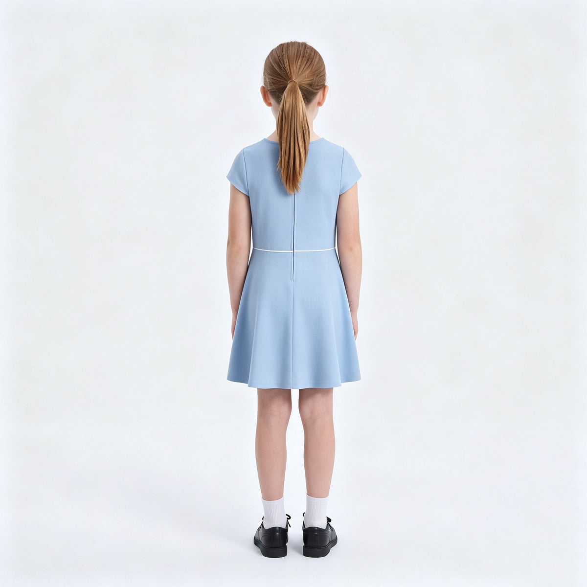 Everanne Girls Piqué Short Sleeve Dress V-Neck Peter Pan Collar Bow