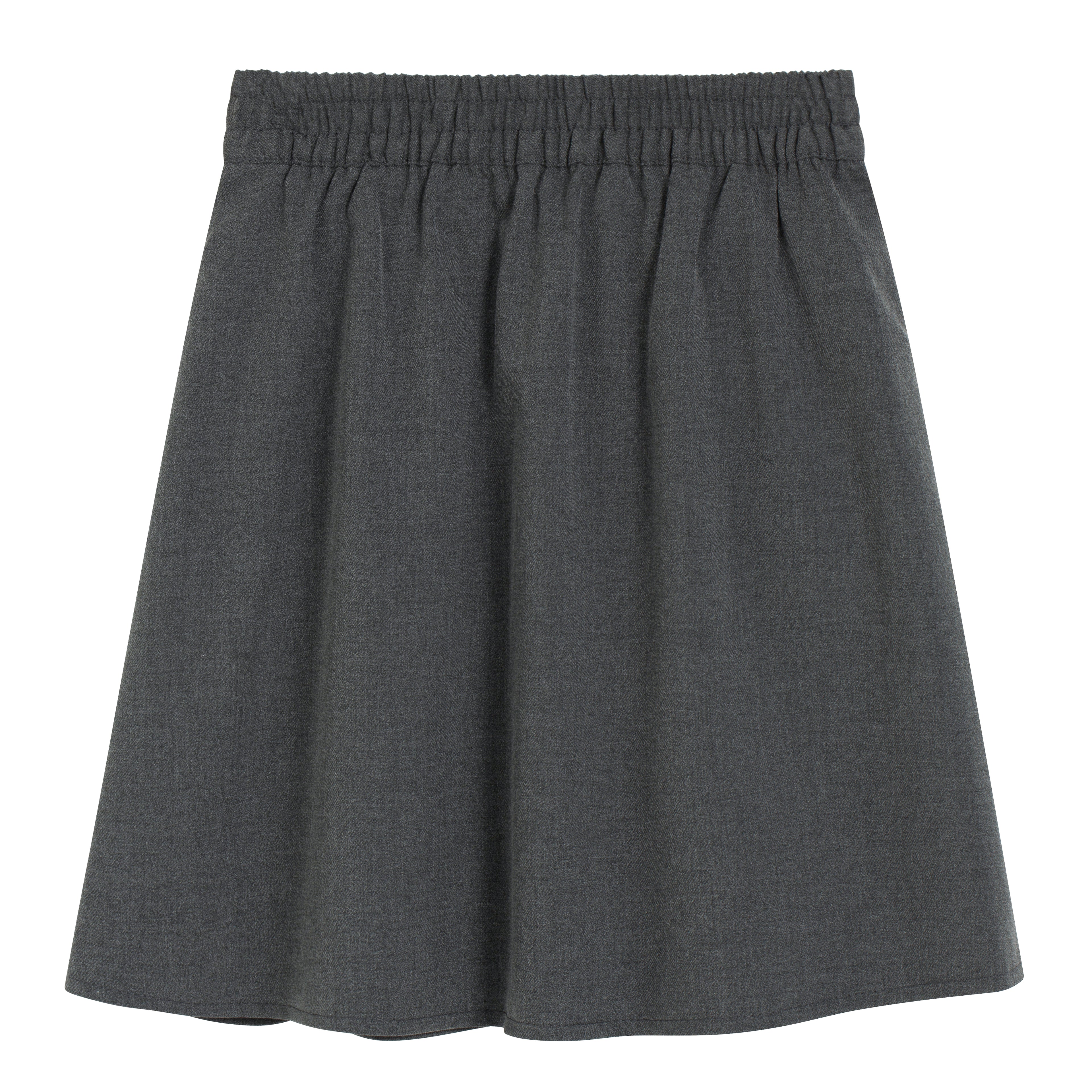 Everanne girls' preppy grey skirt with adjustable waist and built-in shorts, perfect for school or casual wear.