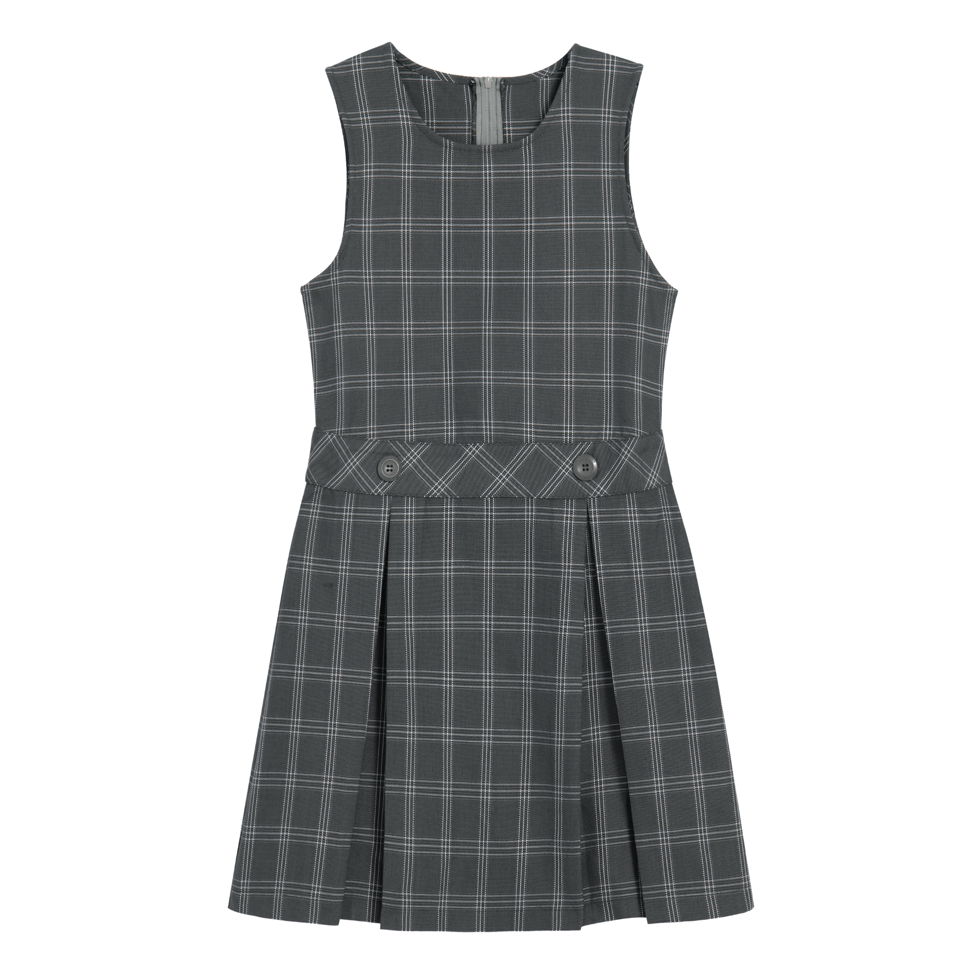 Everanne girls' grey plaid school uniform jumper dress with pleated skirt, featuring a classic and stylish design.