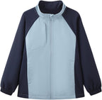 Everanne youth athletic zip-up jacket with stand collar and chest pocket, featuring a sporty design and lightweight fabric.