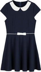 Everanne girls' blue pique short sleeve dress with V-neck, Peter Pan collar, and bow, perfect for casual wear.
