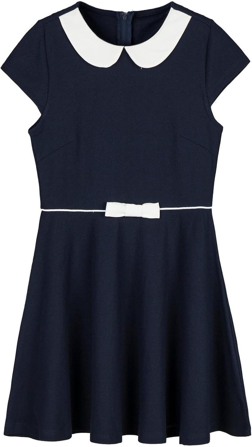 Everanne girls' blue pique short sleeve dress with V-neck, Peter Pan collar, and bow, perfect for casual wear.