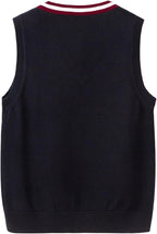 Everanne boys' cotton V-neck sweater vest with striped collar in blue and red, suitable for school uniforms.