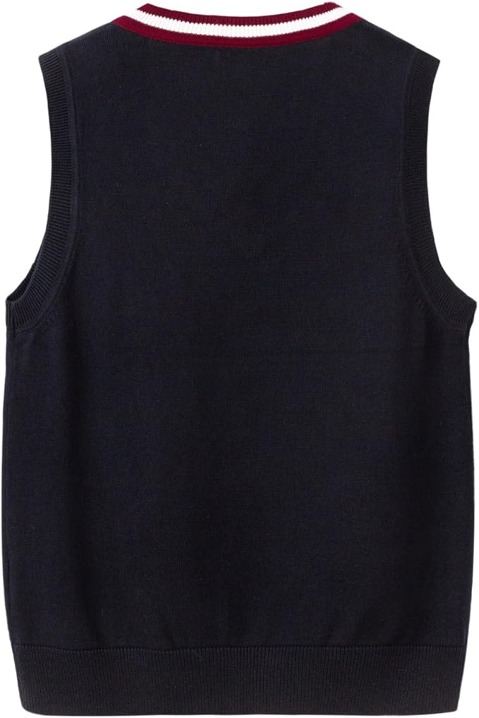 Everanne boys' cotton V-neck sweater vest with striped collar in blue and red, suitable for school uniforms.