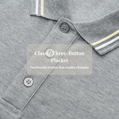 Everanne unisex cotton blend long sleeve polo shirt with ribbed collar in gray, featuring a classic fit and subtle texture.